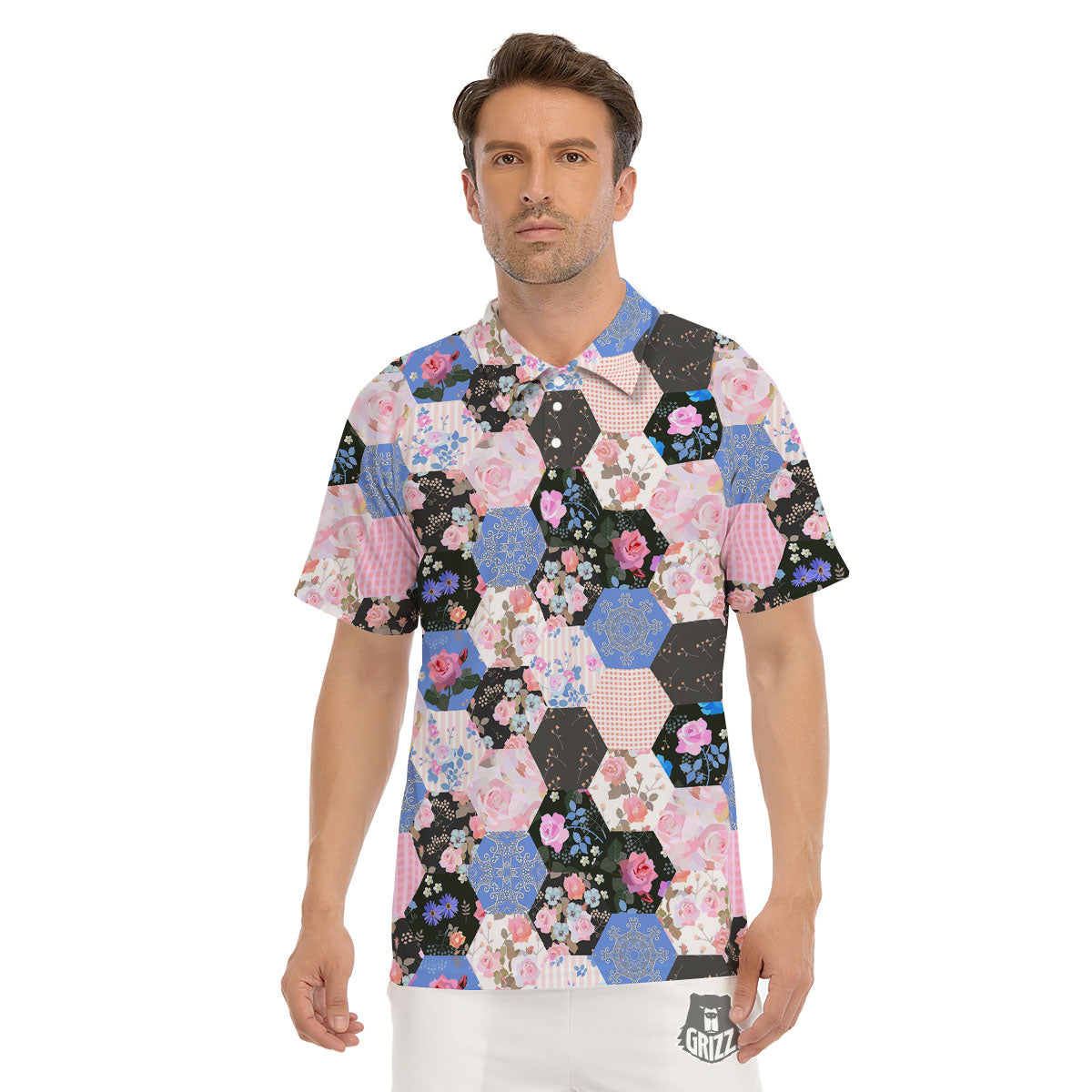 Flower Patchwork Pink Print Pattern Men's Golf Shirts-grizzshop