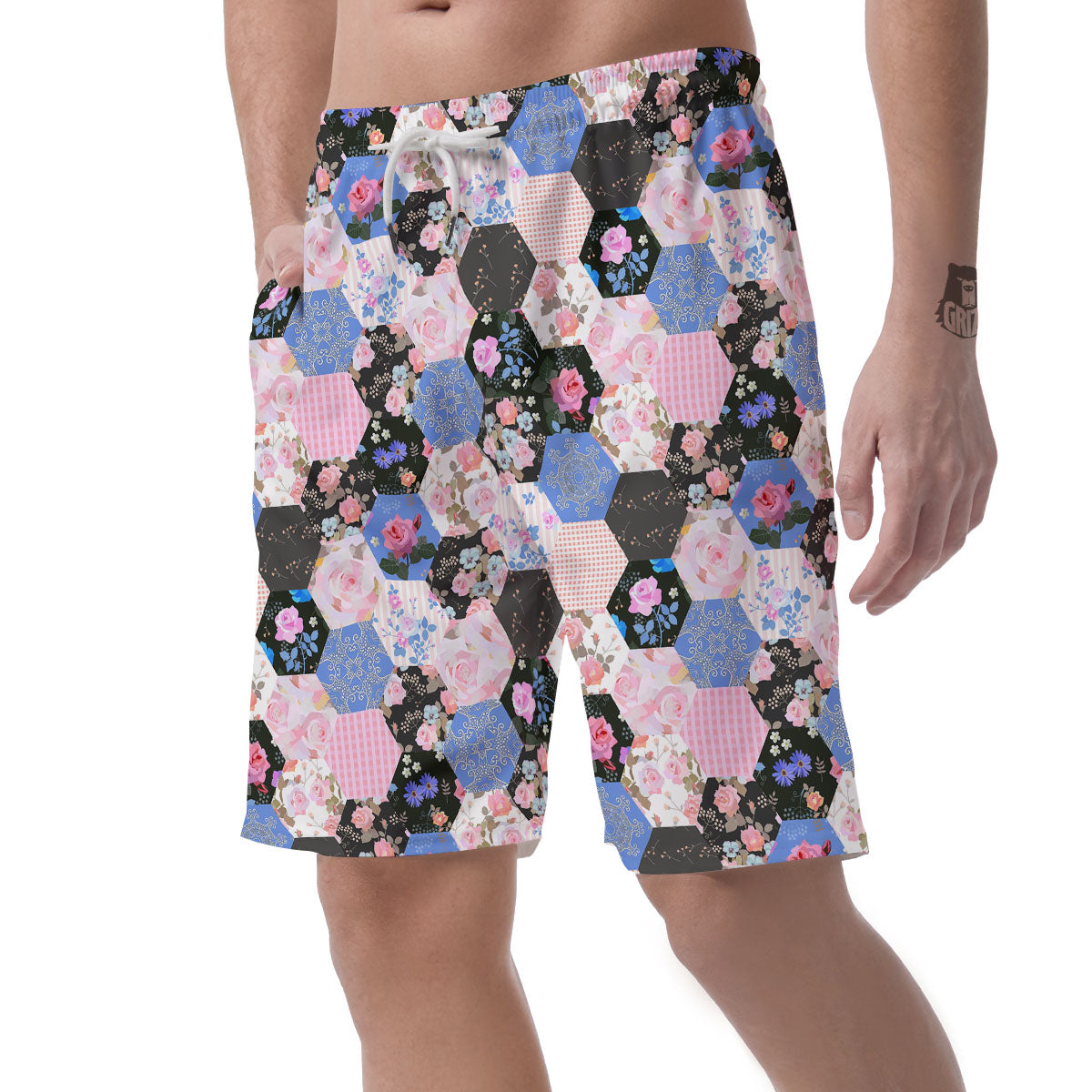 Flower Patchwork Pink Print Pattern Men's Shorts-grizzshop
