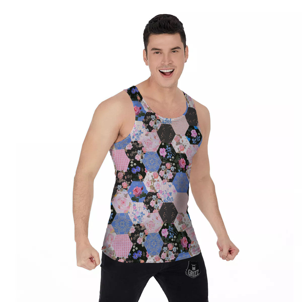 Flower Patchwork Pink Print Pattern Men's Tank Top-grizzshop