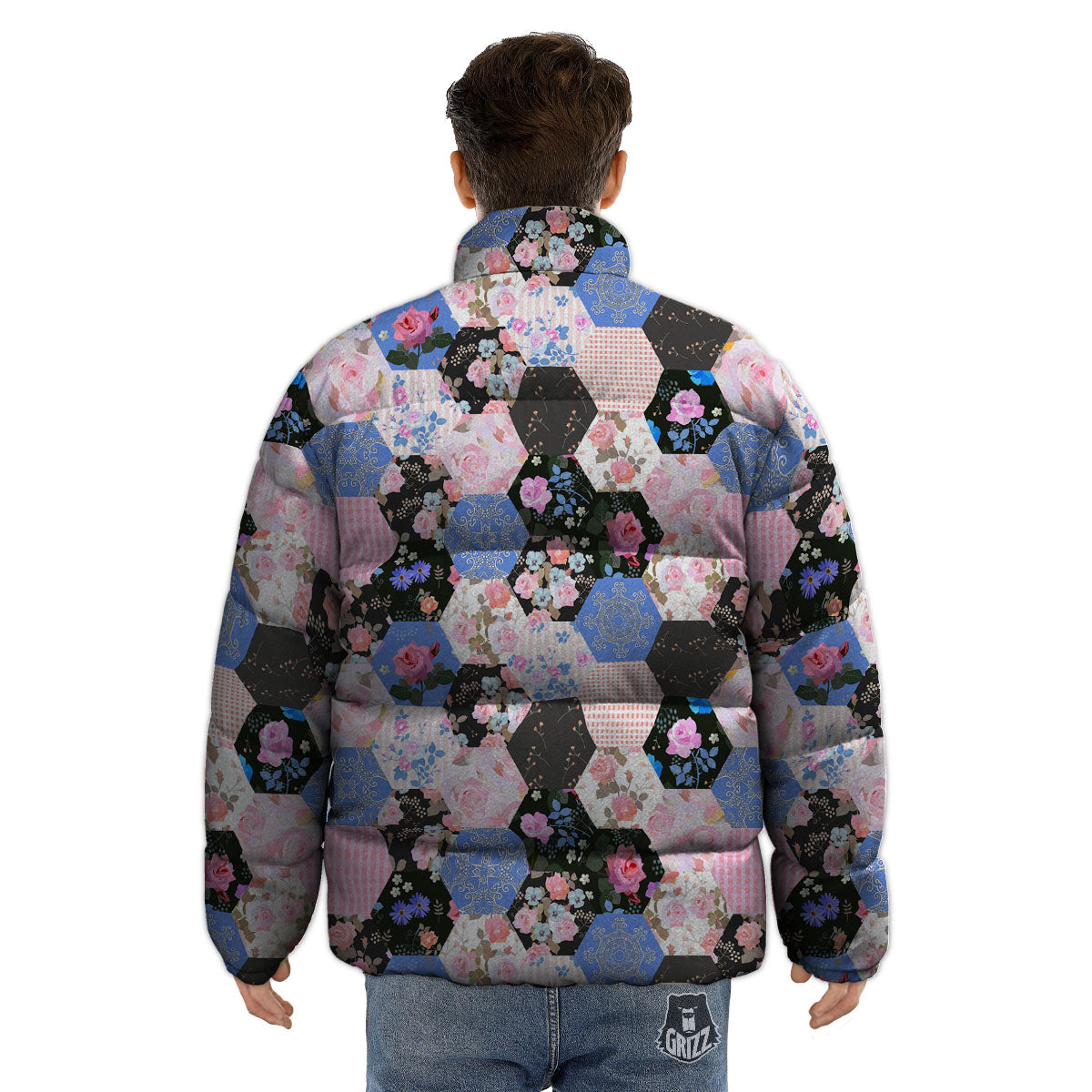 Flower Patchwork Pink Print Pattern Puffer Jacket-grizzshop