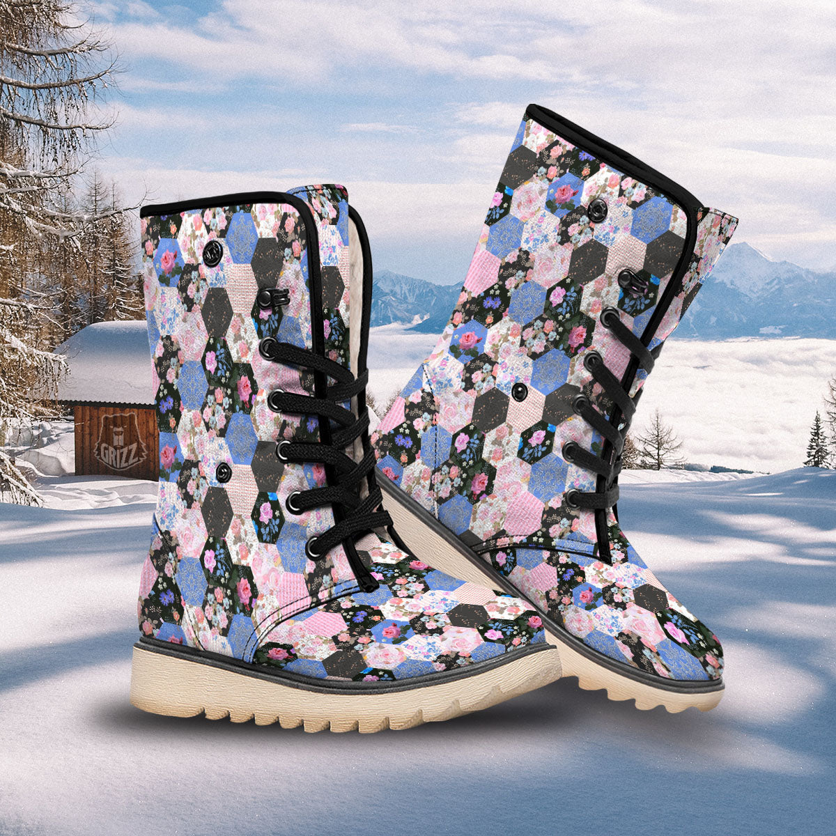 Flower Patchwork Pink Print Pattern Snow Boots-grizzshop