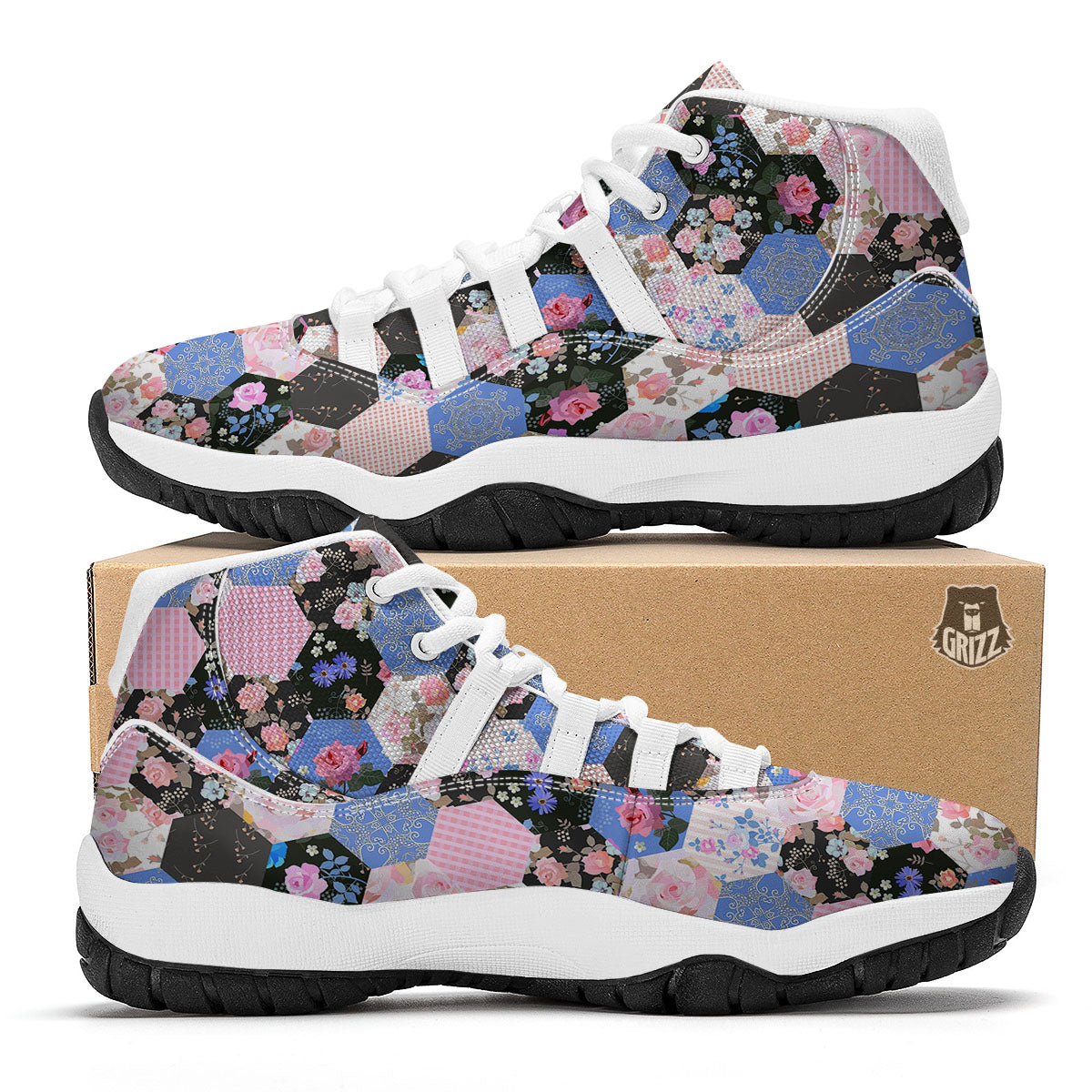 Flower Patchwork Pink Print Pattern White Bball Shoes-grizzshop