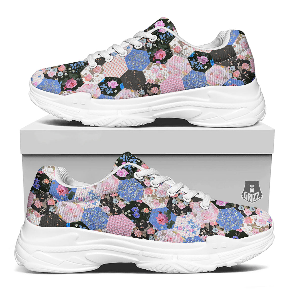 Flower Patchwork Pink Print Pattern White Chunky Shoes-grizzshop