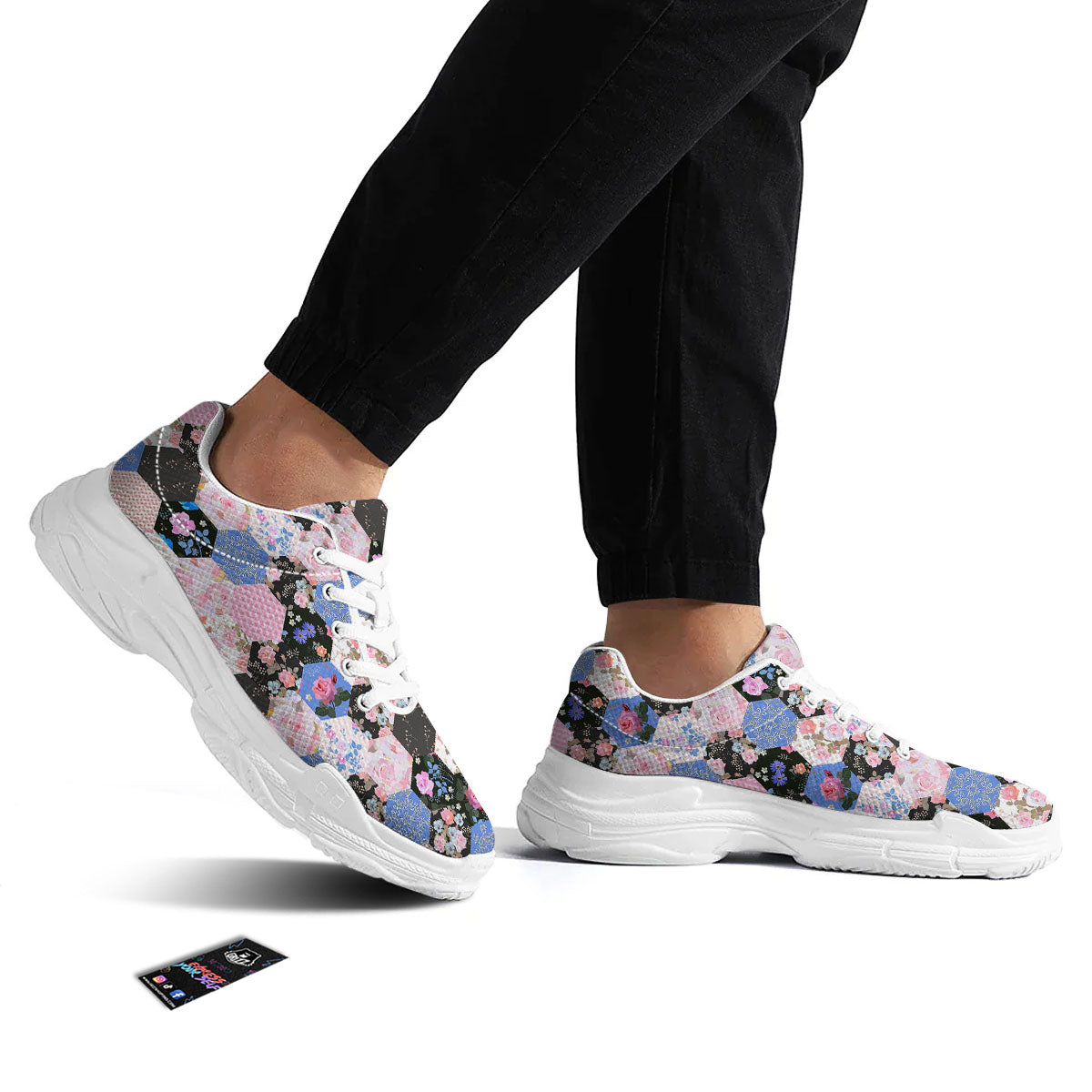 Flower Patchwork Pink Print Pattern White Chunky Shoes-grizzshop