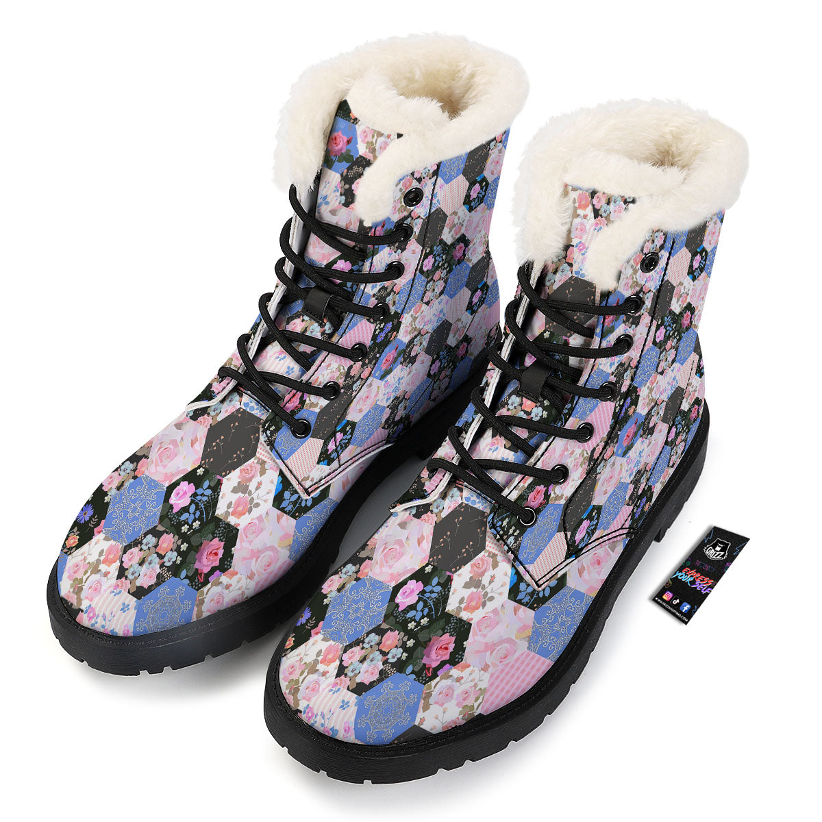 Flower Patchwork Pink Print Pattern Winter Boots-grizzshop