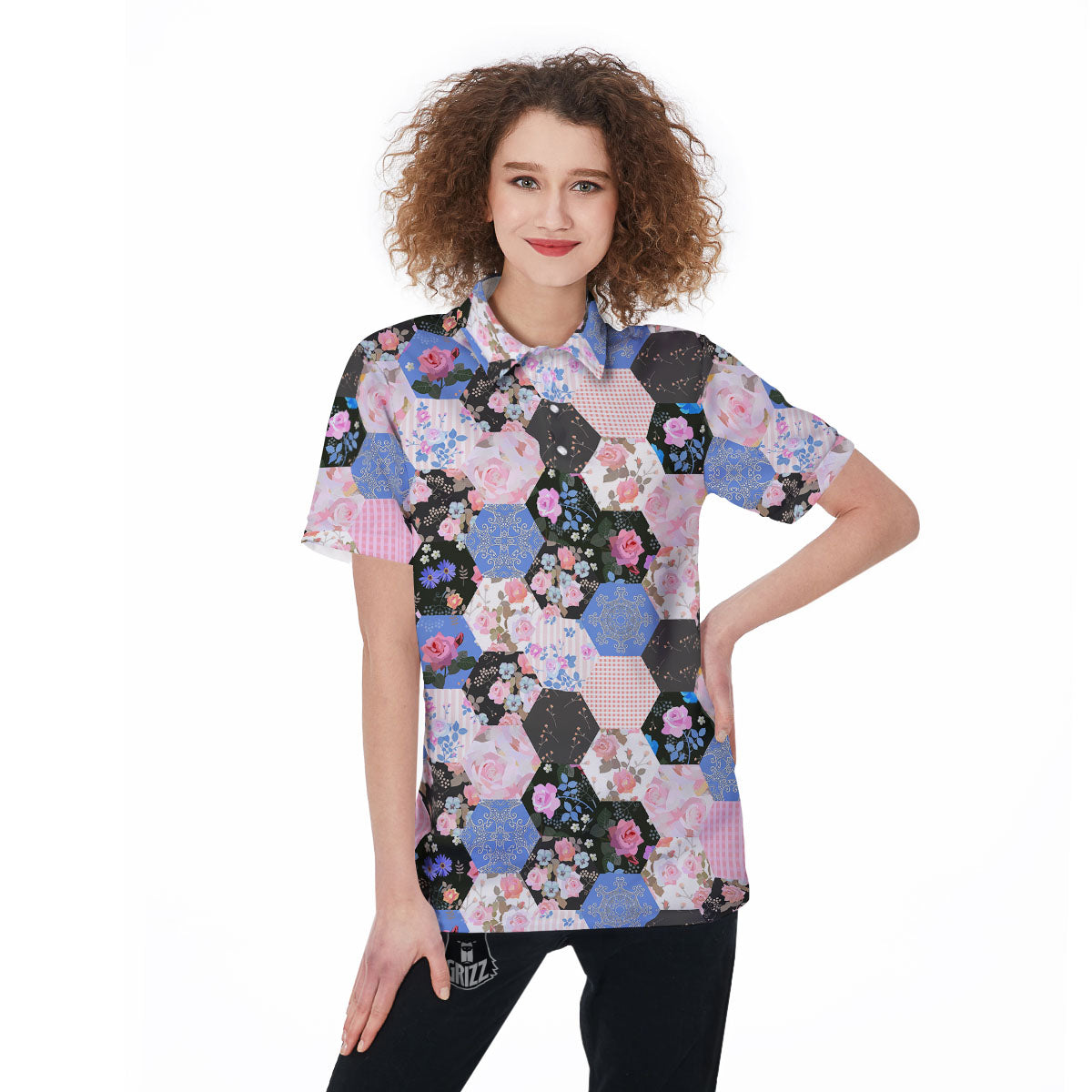 Flower Patchwork Pink Print Pattern Women's Golf Shirts-grizzshop