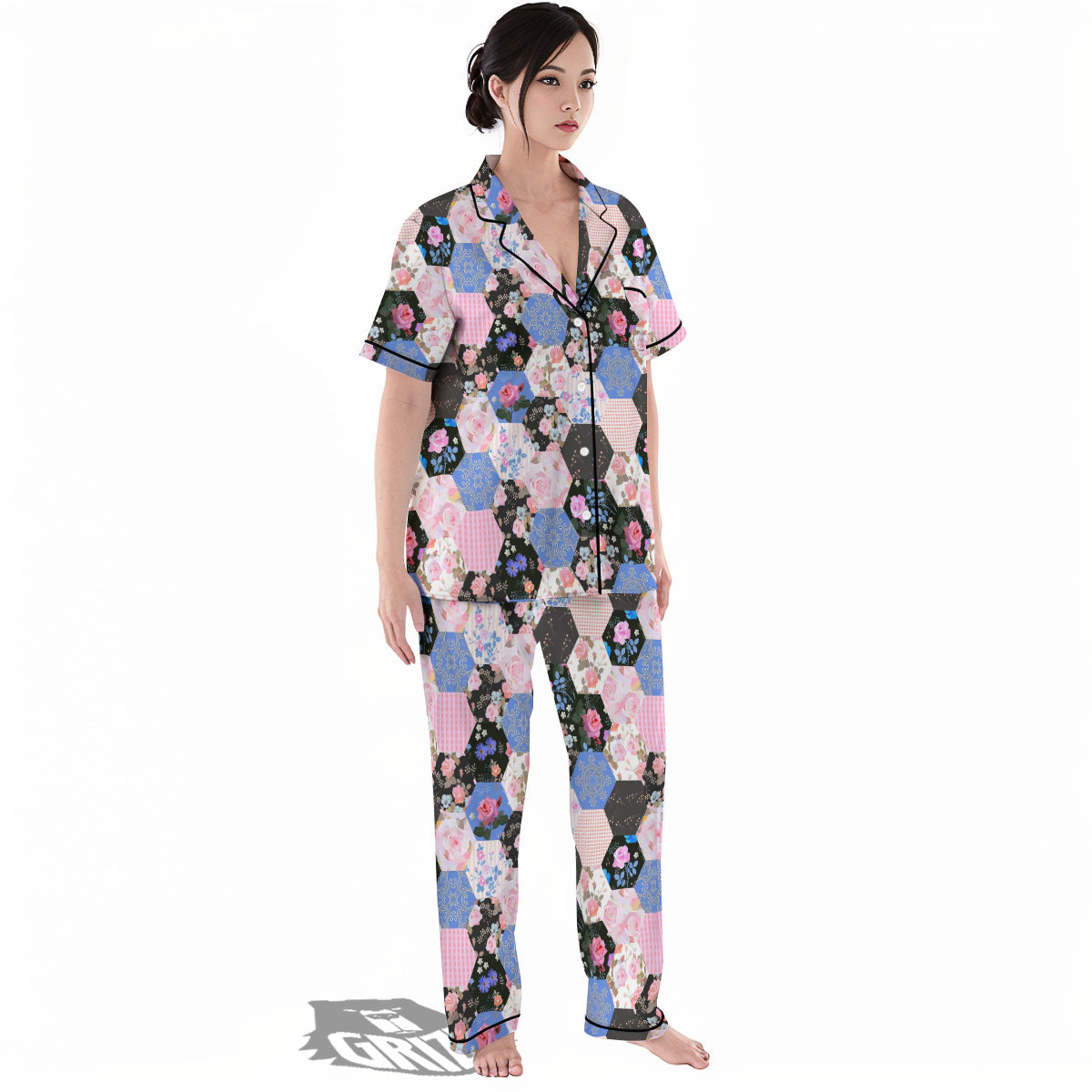 Flower Patchwork Pink Print Pattern Women's Pajamas Set-grizzshop