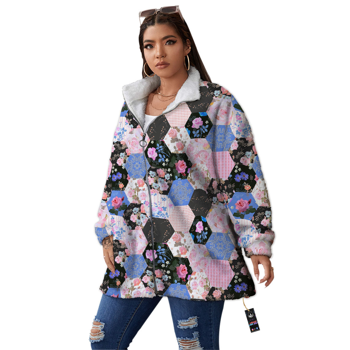 Flower Patchwork Pink Print Pattern Women's Sherpa Jacket-grizzshop