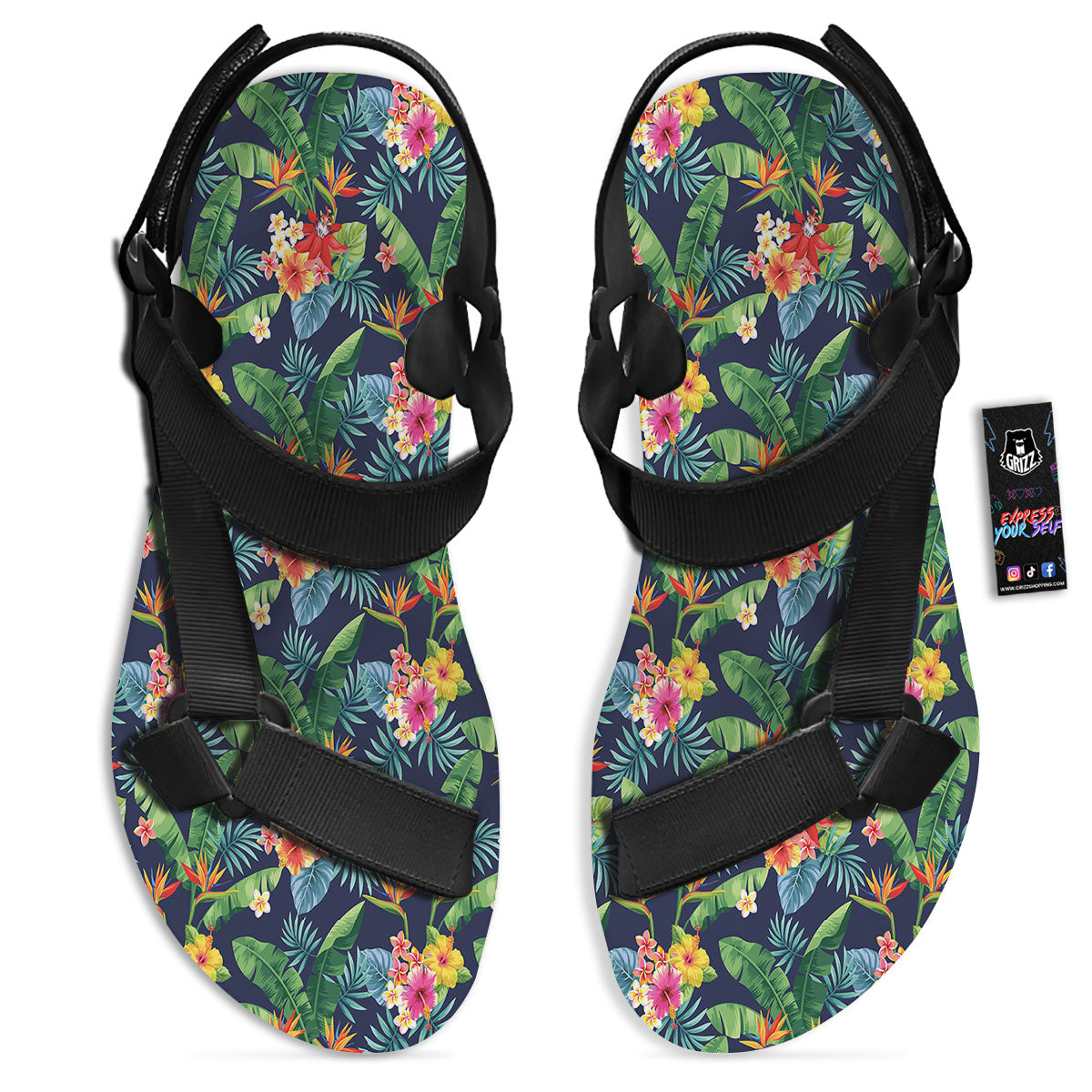 Flower Plumeria Vintage Print Pattern Black Open Toe Sandals-grizzshop