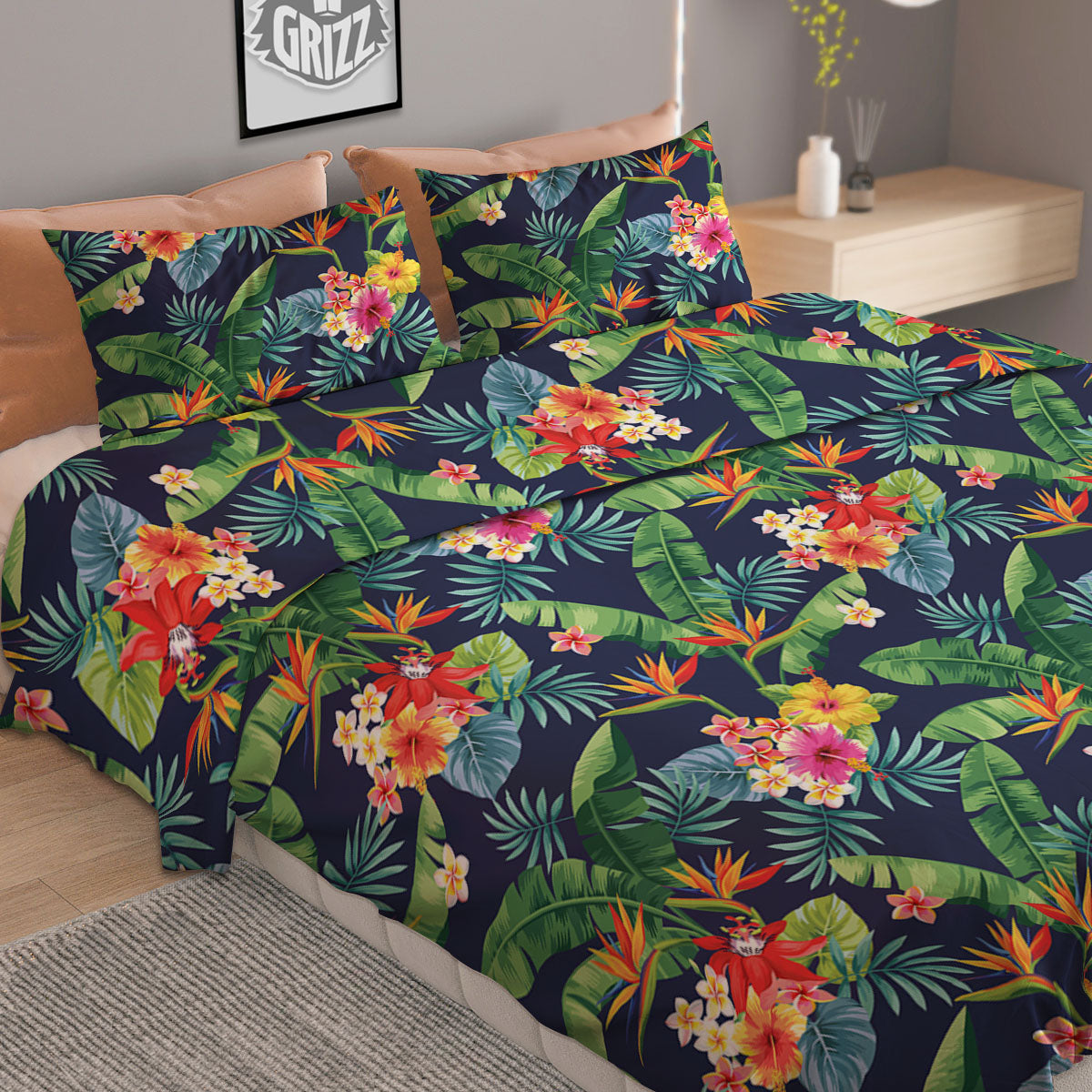 Flower Plumeria Vintage Print Pattern Duvet Cover Bedding Set-grizzshop
