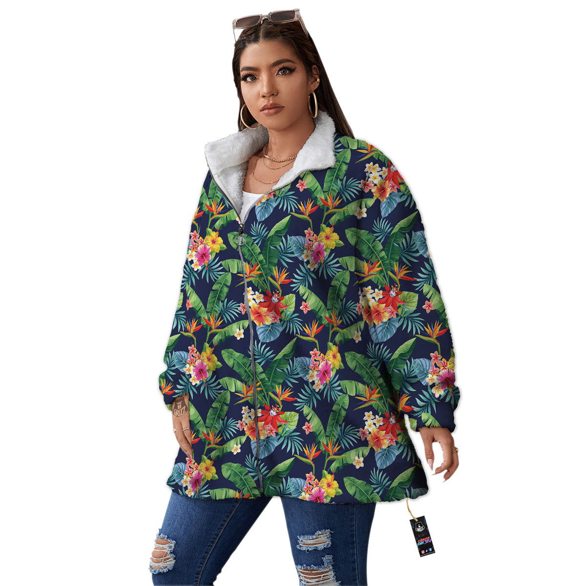 Flower Plumeria Vintage Print Pattern Women's Sherpa Jacket-grizzshop