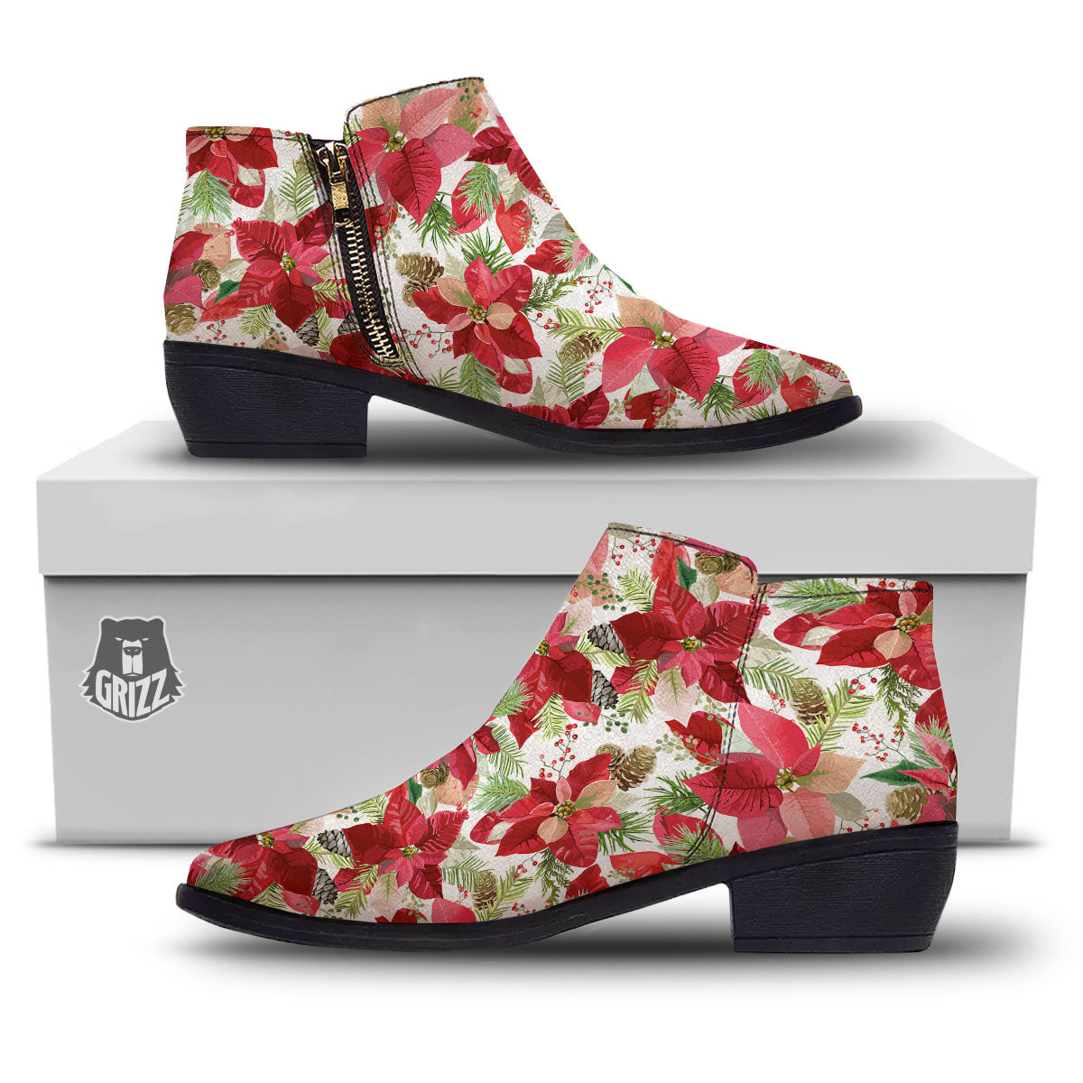 Flower Poinsettia Print Pattern Ankle Boots-grizzshop