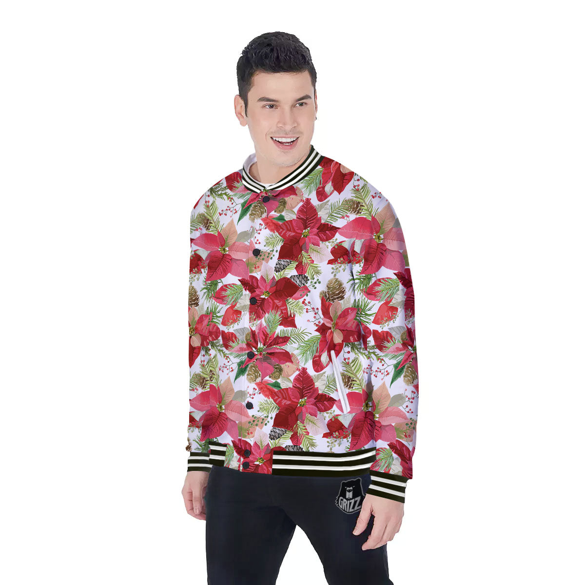 Flower Poinsettia Print Pattern Baseball Jacket-grizzshop