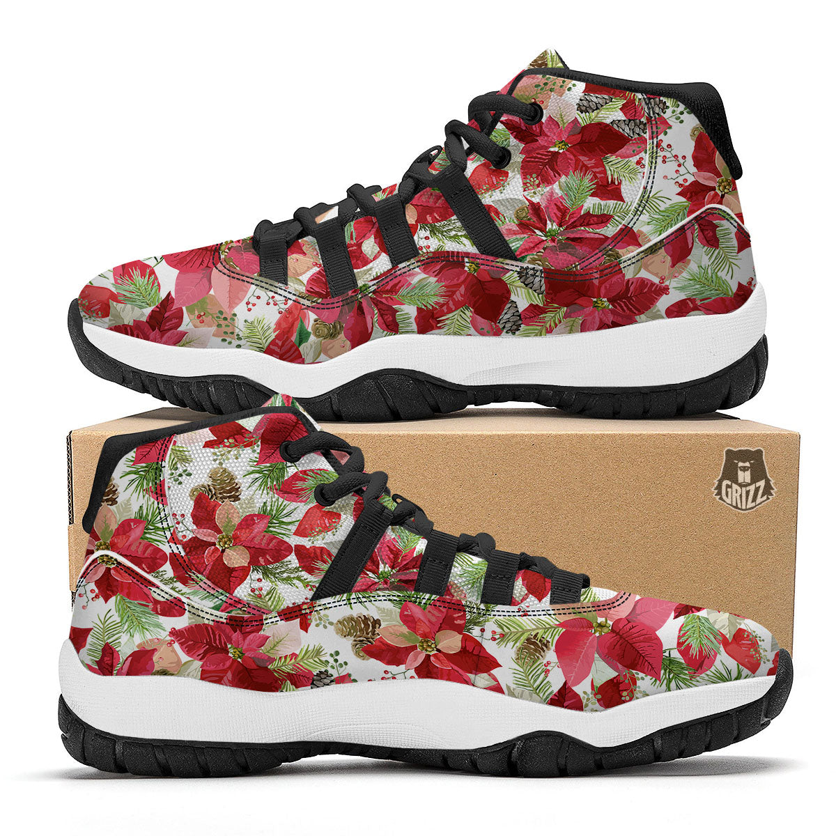 Flower Poinsettia Print Pattern Black Bball Shoes-grizzshop