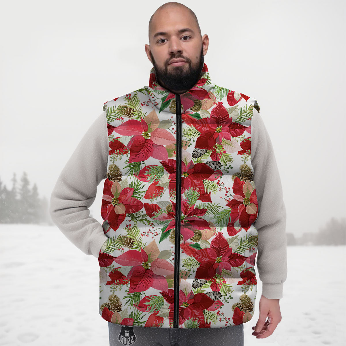 Flower Poinsettia Print Pattern Down Vest-grizzshop