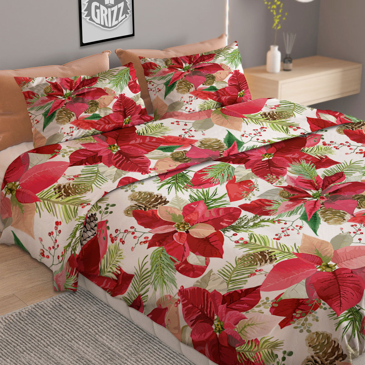 Flower Poinsettia Print Pattern Duvet Cover Bedding Set-grizzshop