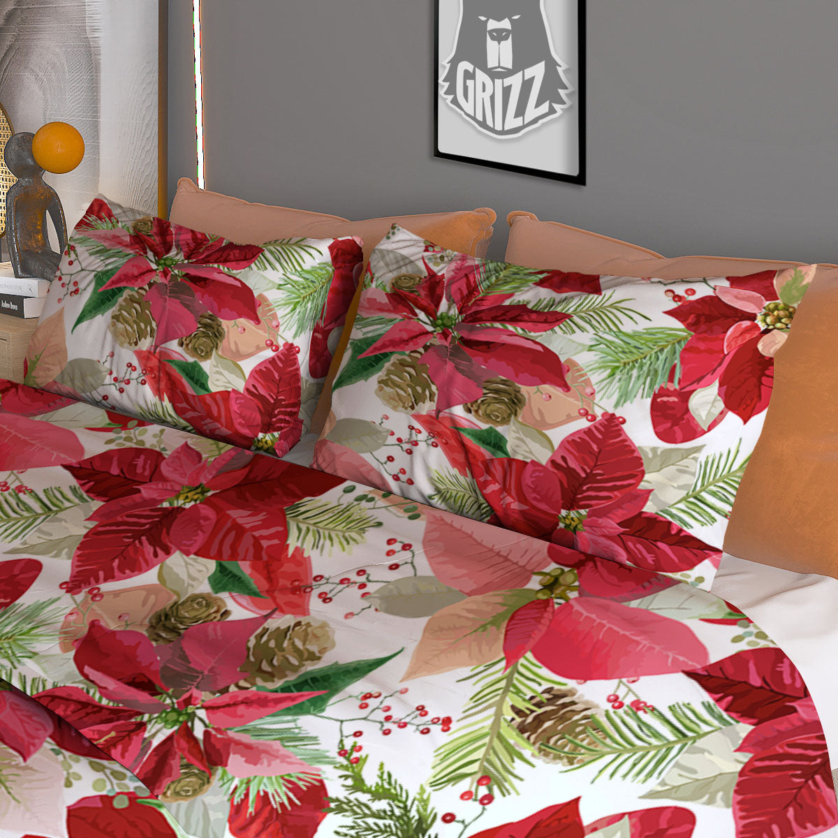 Flower Poinsettia Print Pattern Duvet Cover Bedding Set-grizzshop