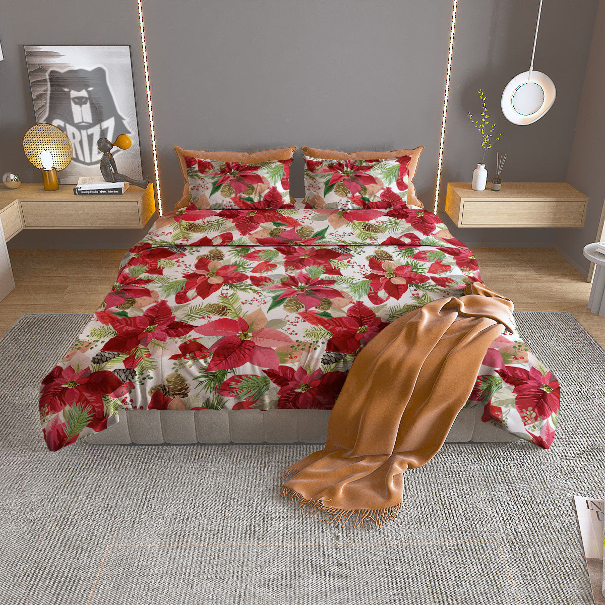 Flower Poinsettia Print Pattern Duvet Cover Bedding Set-grizzshop