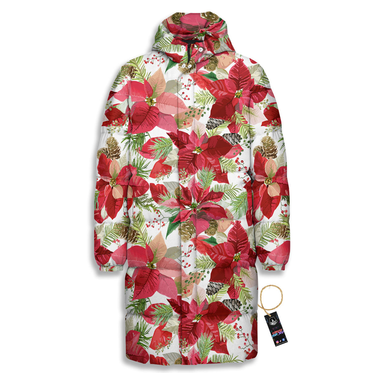 Flower Poinsettia Print Pattern Long Down Jacket-grizzshop