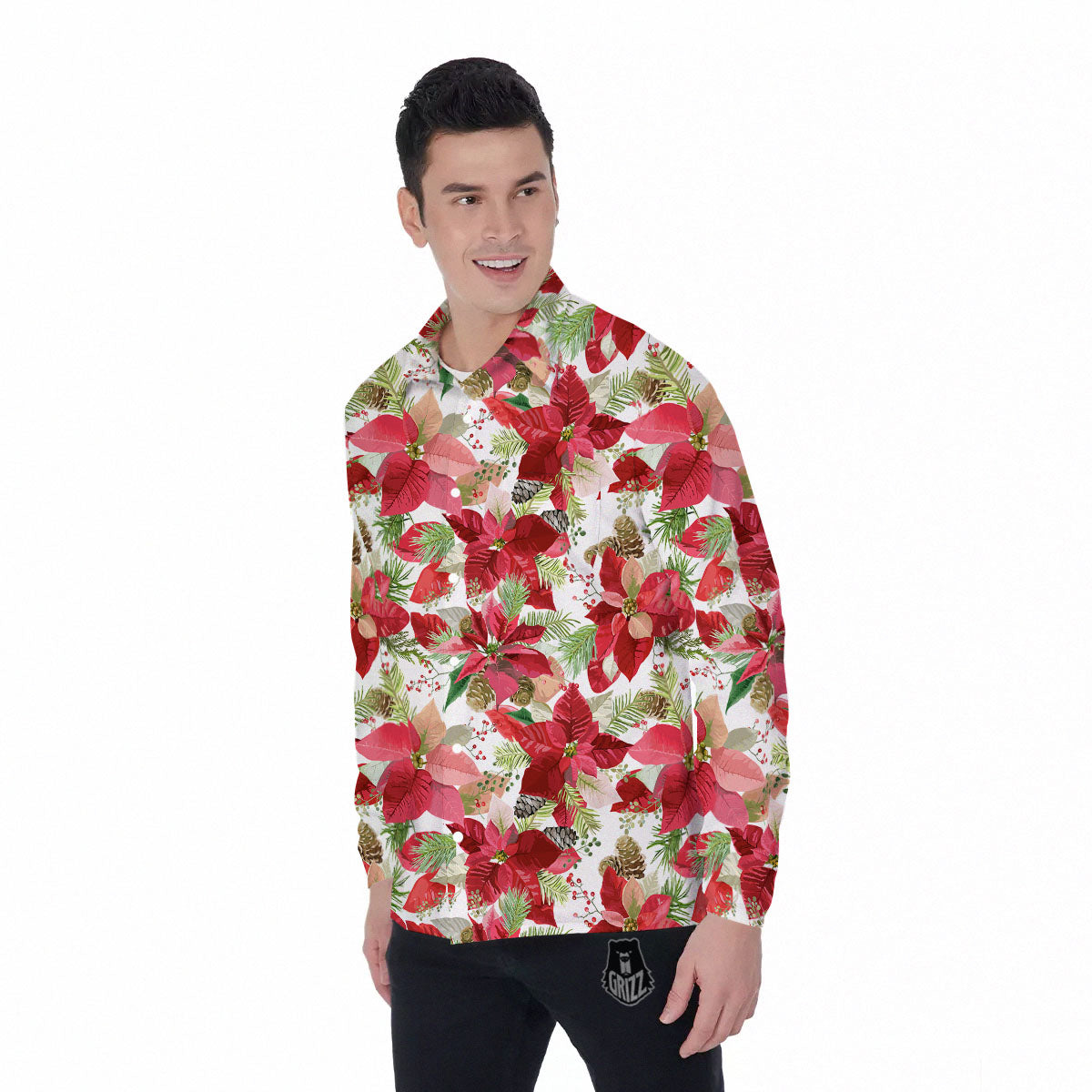 Flower Poinsettia Print Pattern Men's Long Sleeve Shirts-grizzshop