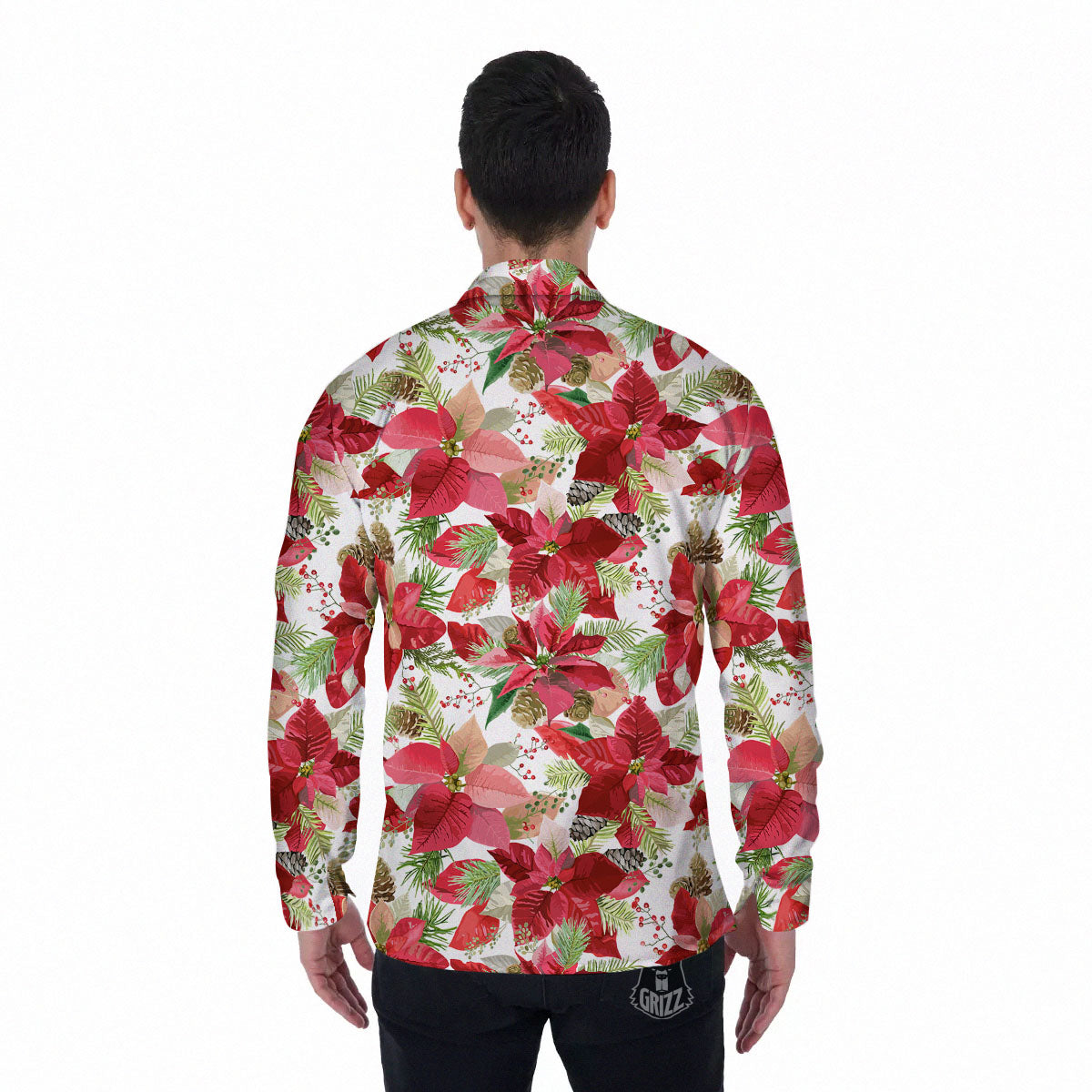Flower Poinsettia Print Pattern Men's Long Sleeve Shirts-grizzshop