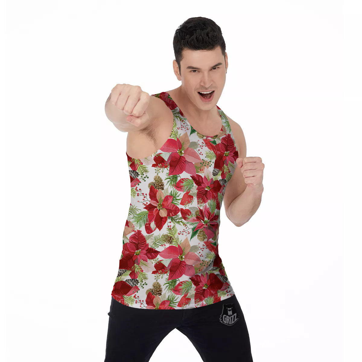 Flower Poinsettia Print Pattern Men's Tank Top-grizzshop