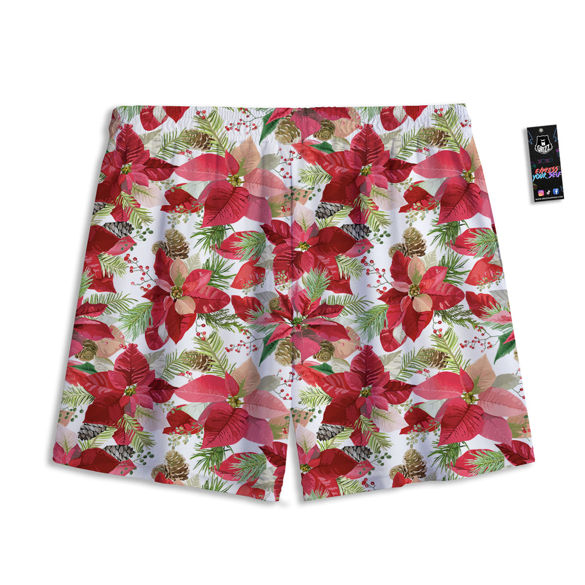 Flower Poinsettia Print Pattern Mesh Shorts-grizzshop