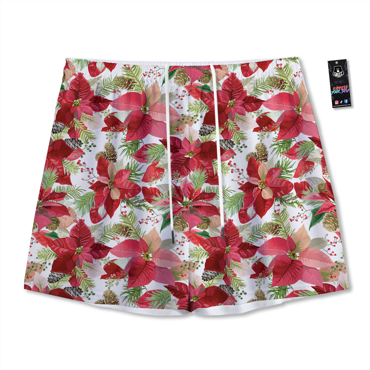 Flower Poinsettia Print Pattern Mesh Shorts-grizzshop
