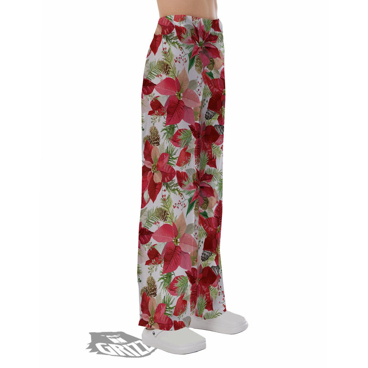 Flower Poinsettia Print Pattern Pajama Pants-grizzshop