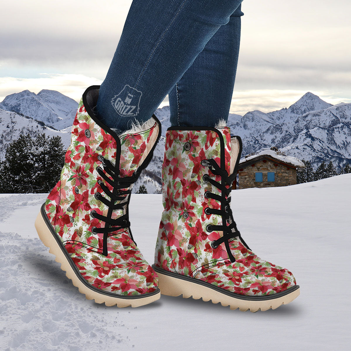 Flower Poinsettia Print Pattern Snow Boots-grizzshop