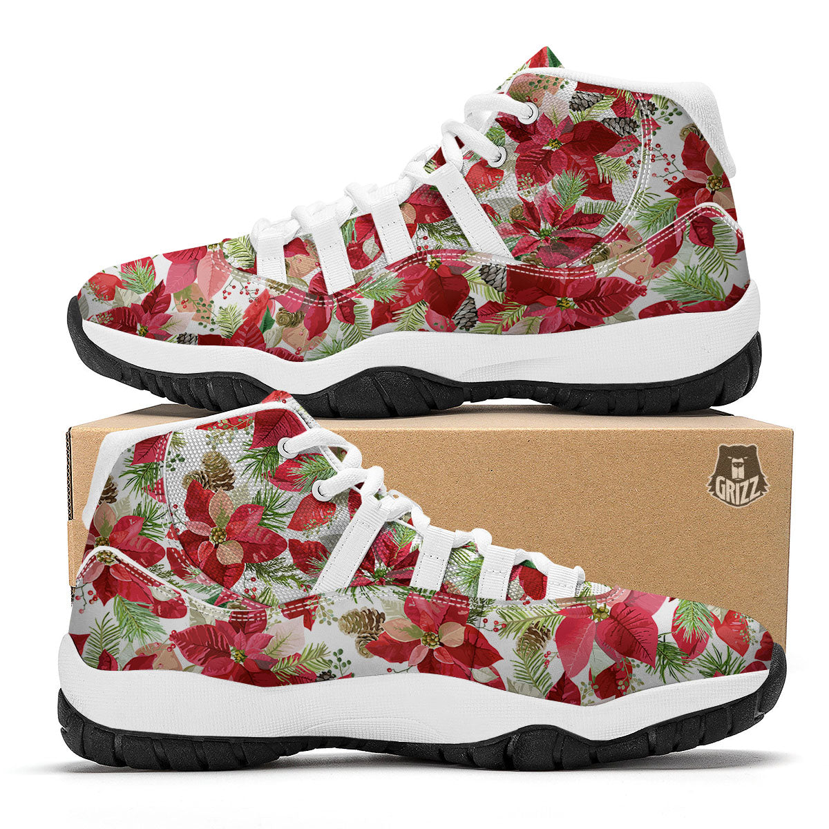 Flower Poinsettia Print Pattern White Bball Shoes-grizzshop