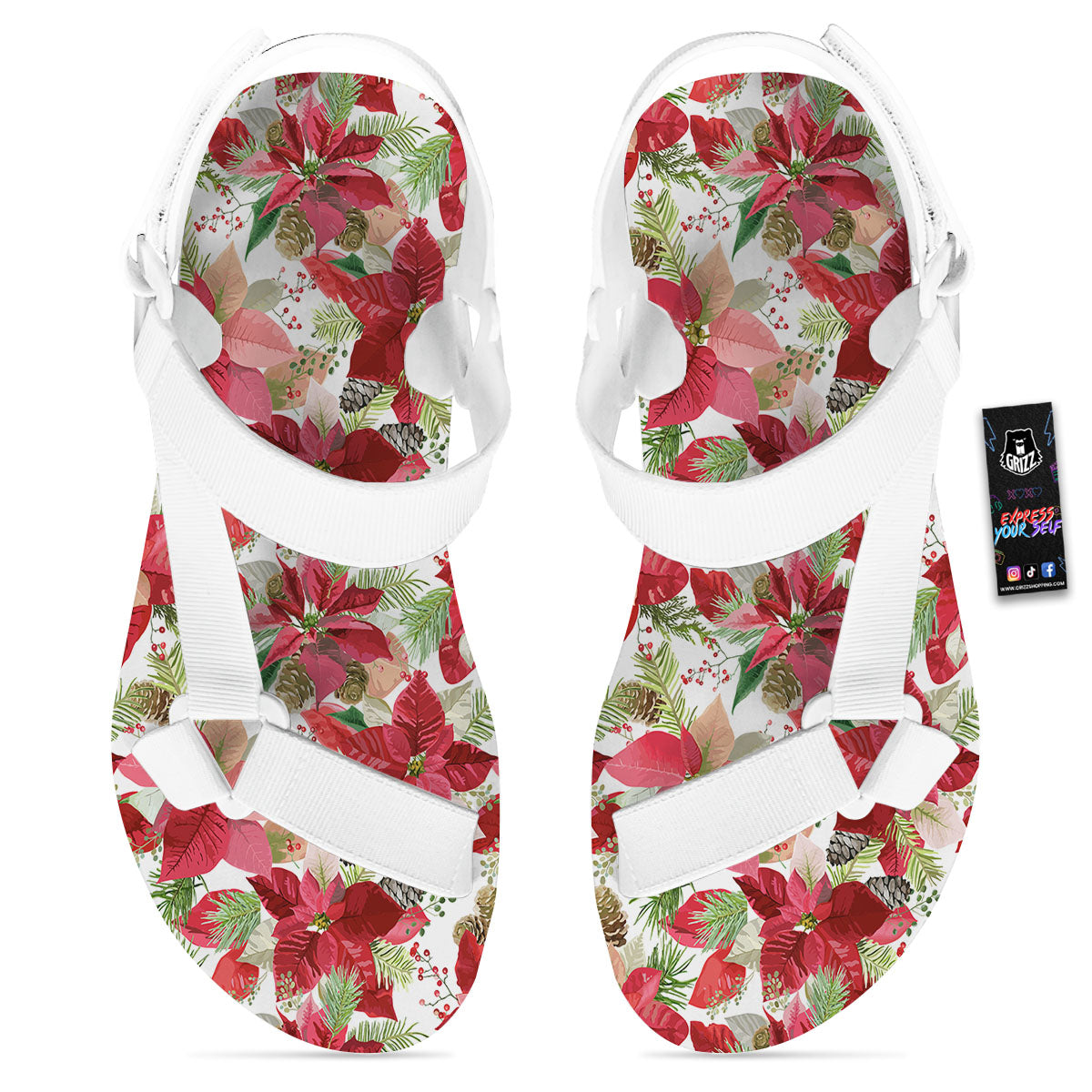 Flower Poinsettia Print Pattern White Open Toe Sandals-grizzshop