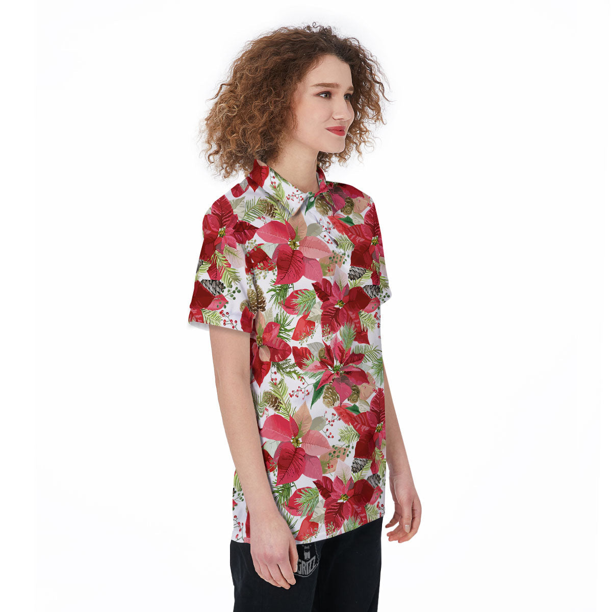 Flower Poinsettia Print Pattern Women's Golf Shirts-grizzshop
