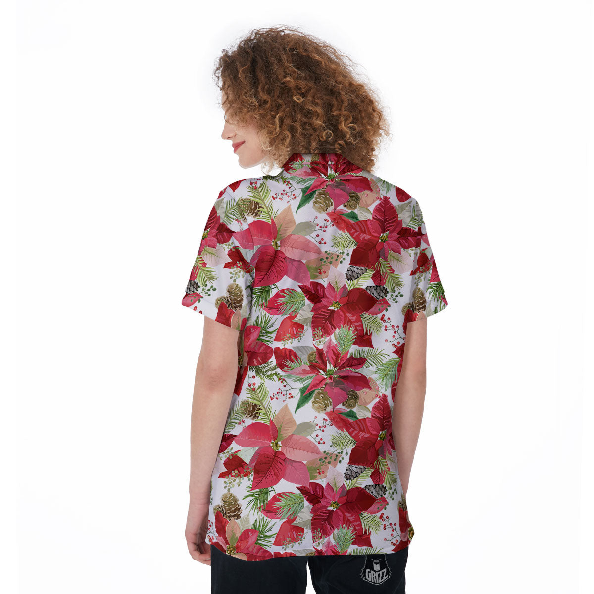 Flower Poinsettia Print Pattern Women's Golf Shirts-grizzshop