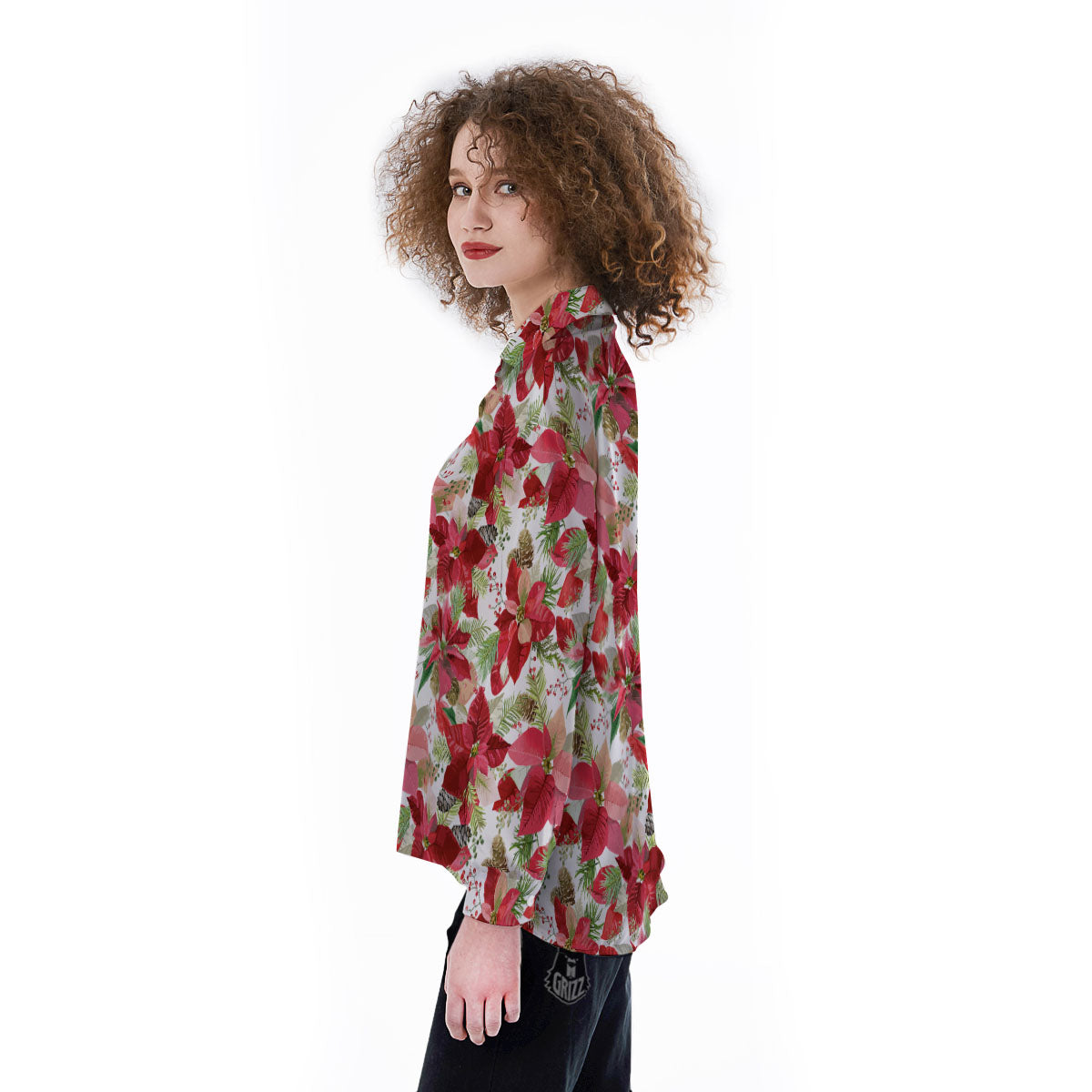 Flower Poinsettia Print Pattern Women's Long Sleeve Shirts-grizzshop