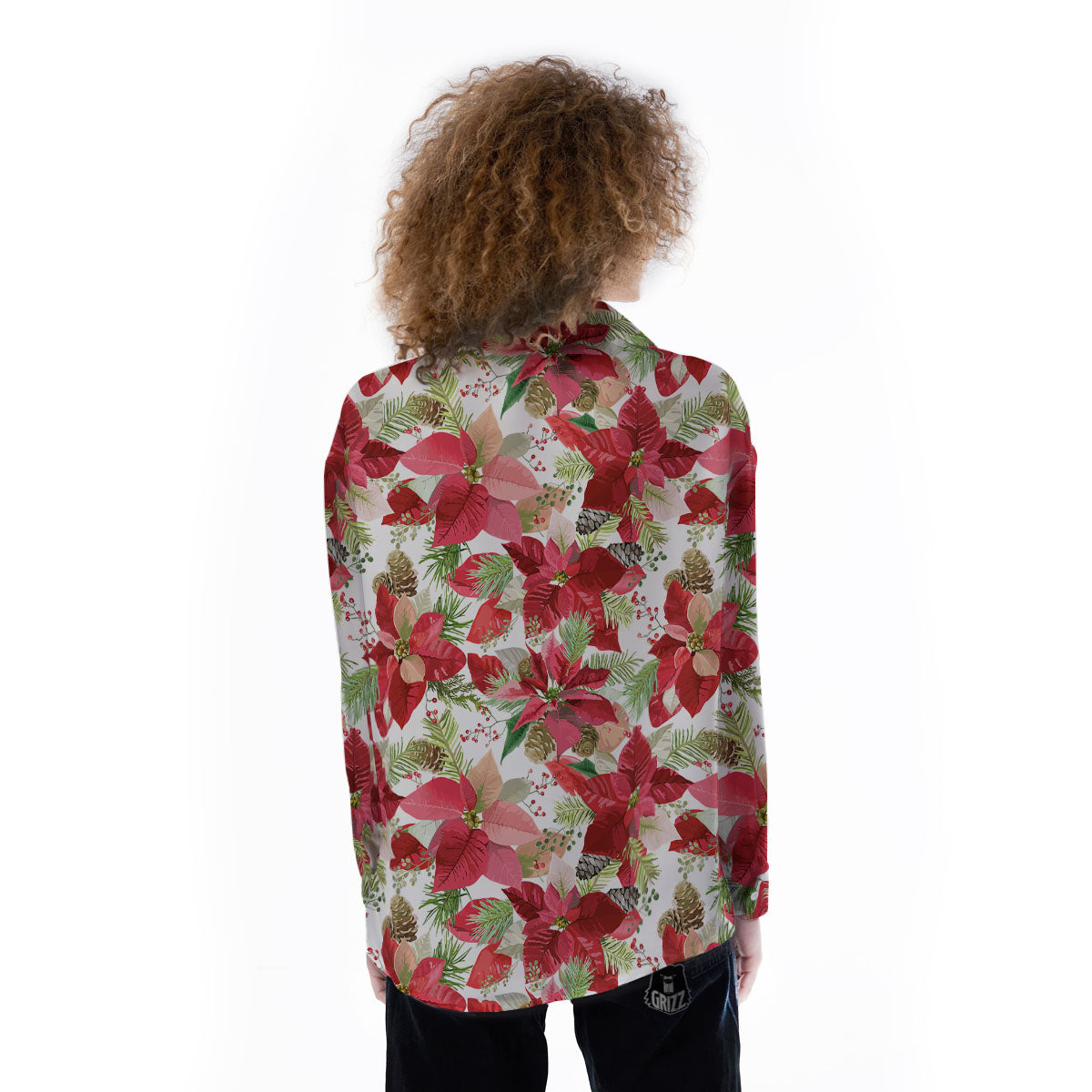 Flower Poinsettia Print Pattern Women's Long Sleeve Shirts-grizzshop