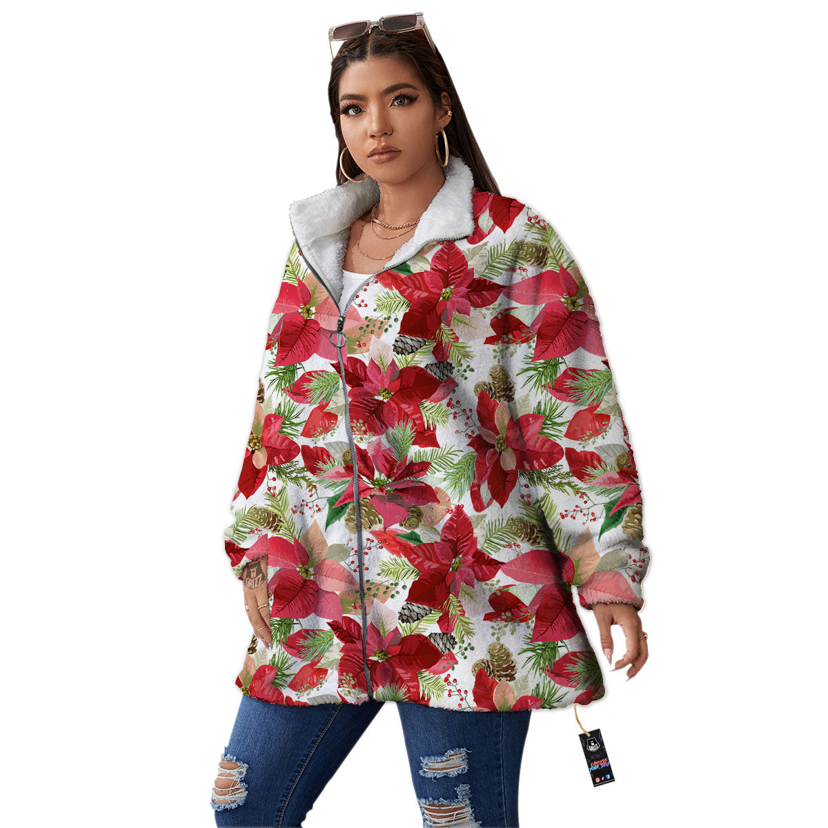 Flower Poinsettia Print Pattern Women's Sherpa Jacket-grizzshop