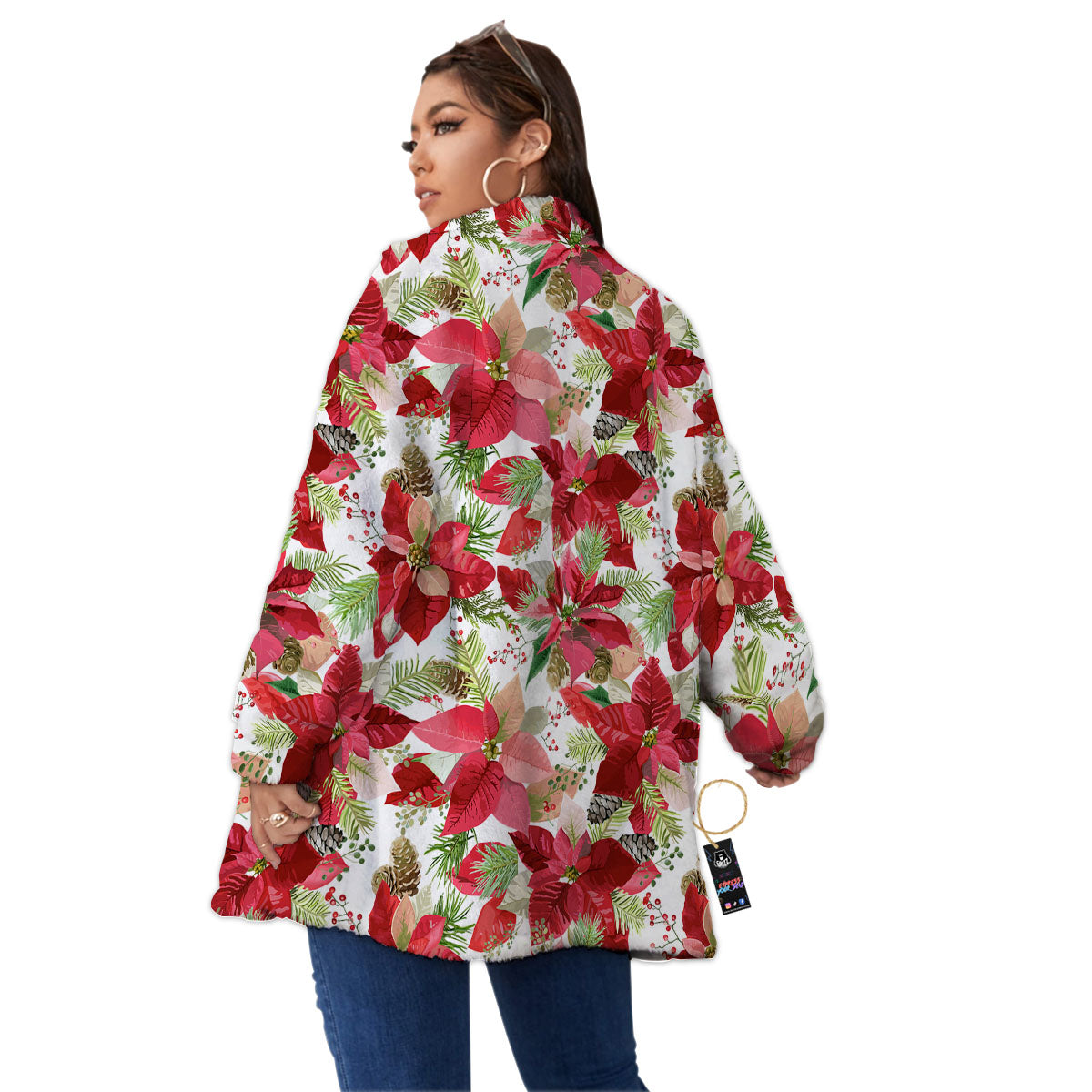 Flower Poinsettia Print Pattern Women's Sherpa Jacket-grizzshop