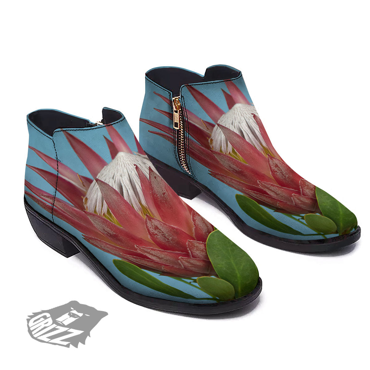 Flower Protea Print Ankle Boots-grizzshop