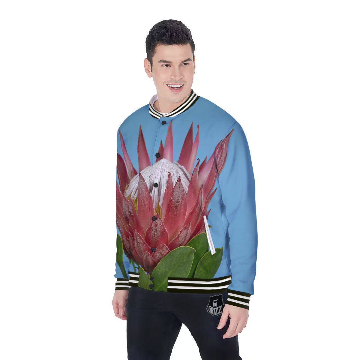 Flower Protea Print Baseball Jacket-grizzshop