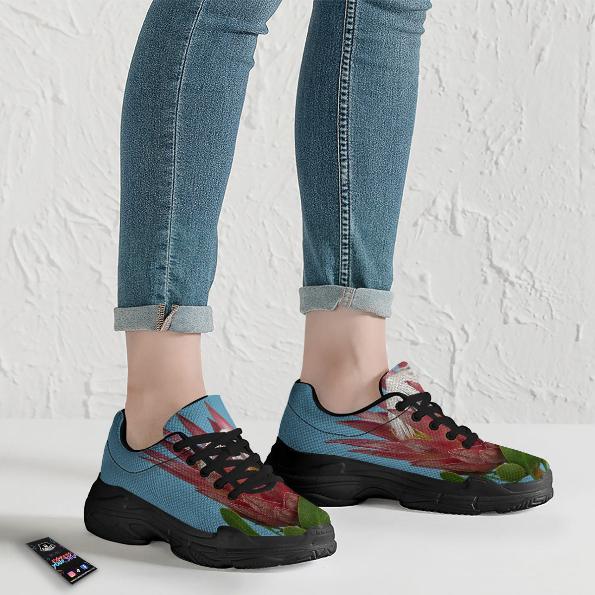 Flower Protea Print Black Chunky Shoes-grizzshop