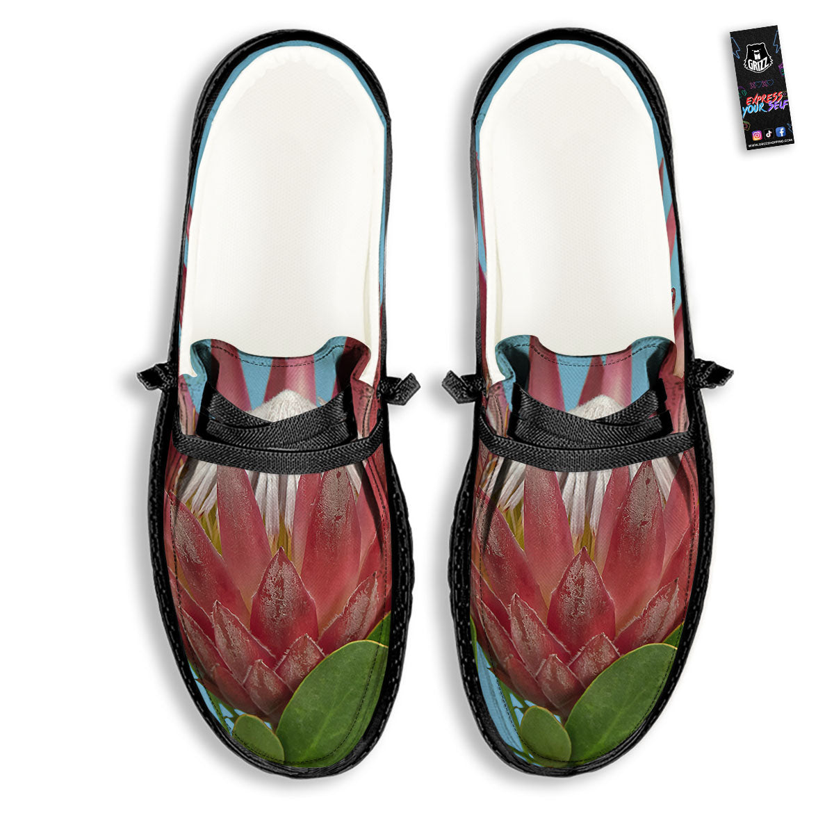 Flower Protea Print Black Loafers-grizzshop