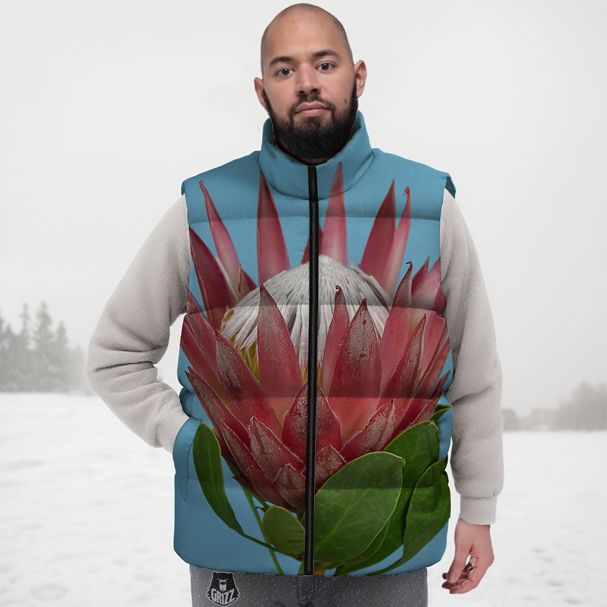Flower Protea Print Down Vest-grizzshop