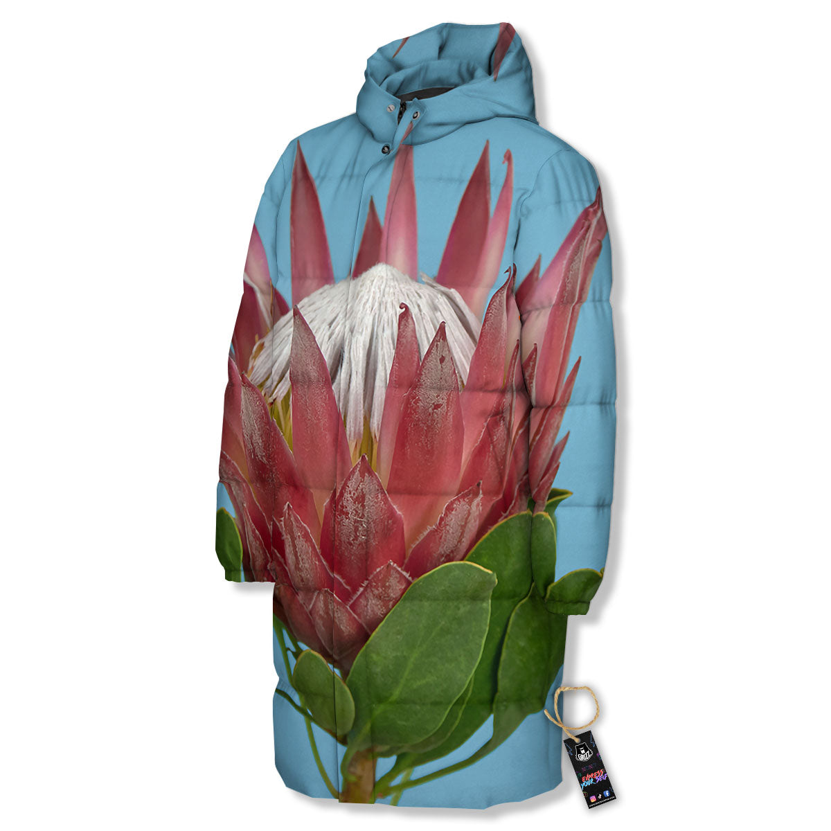 Flower Protea Print Long Down Jacket-grizzshop