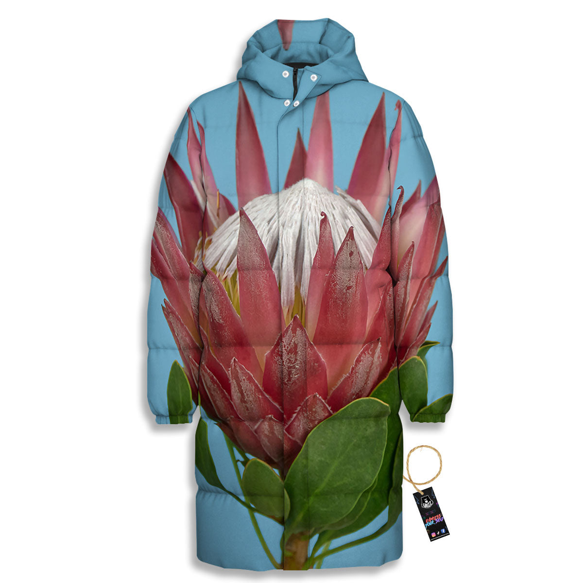 Flower Protea Print Long Down Jacket-grizzshop