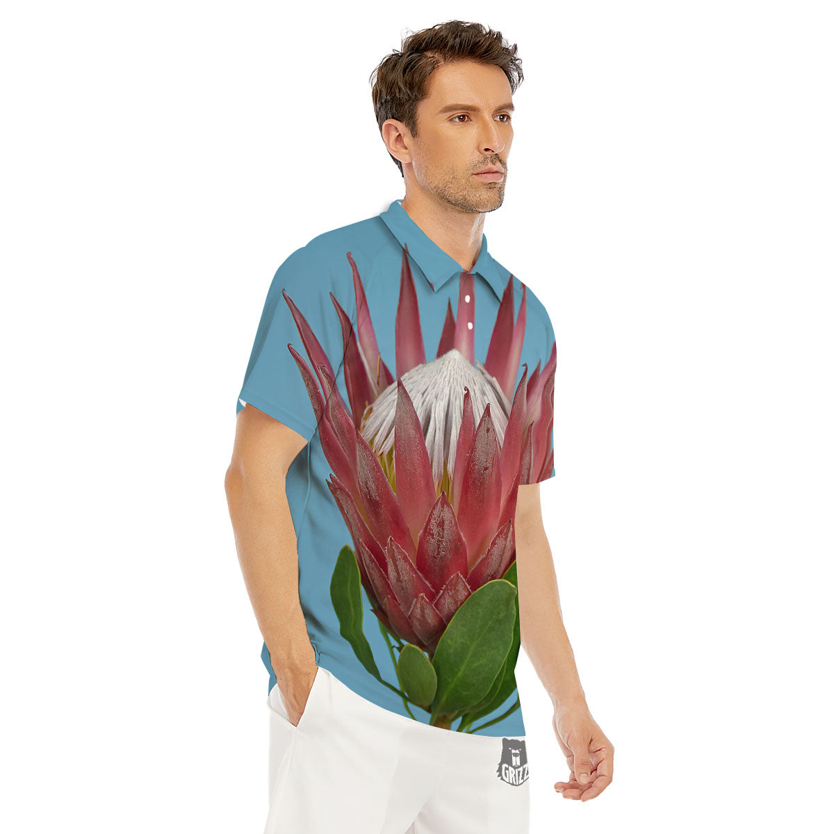 Flower Protea Print Men's Golf Shirts-grizzshop