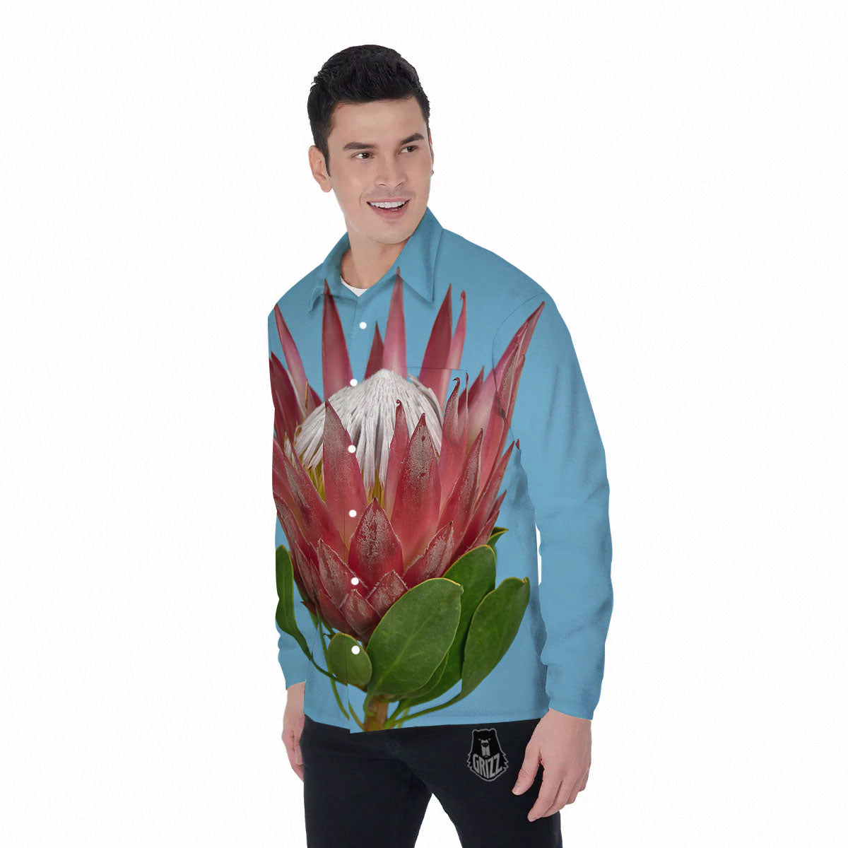 Flower Protea Print Men's Long Sleeve Shirts-grizzshop