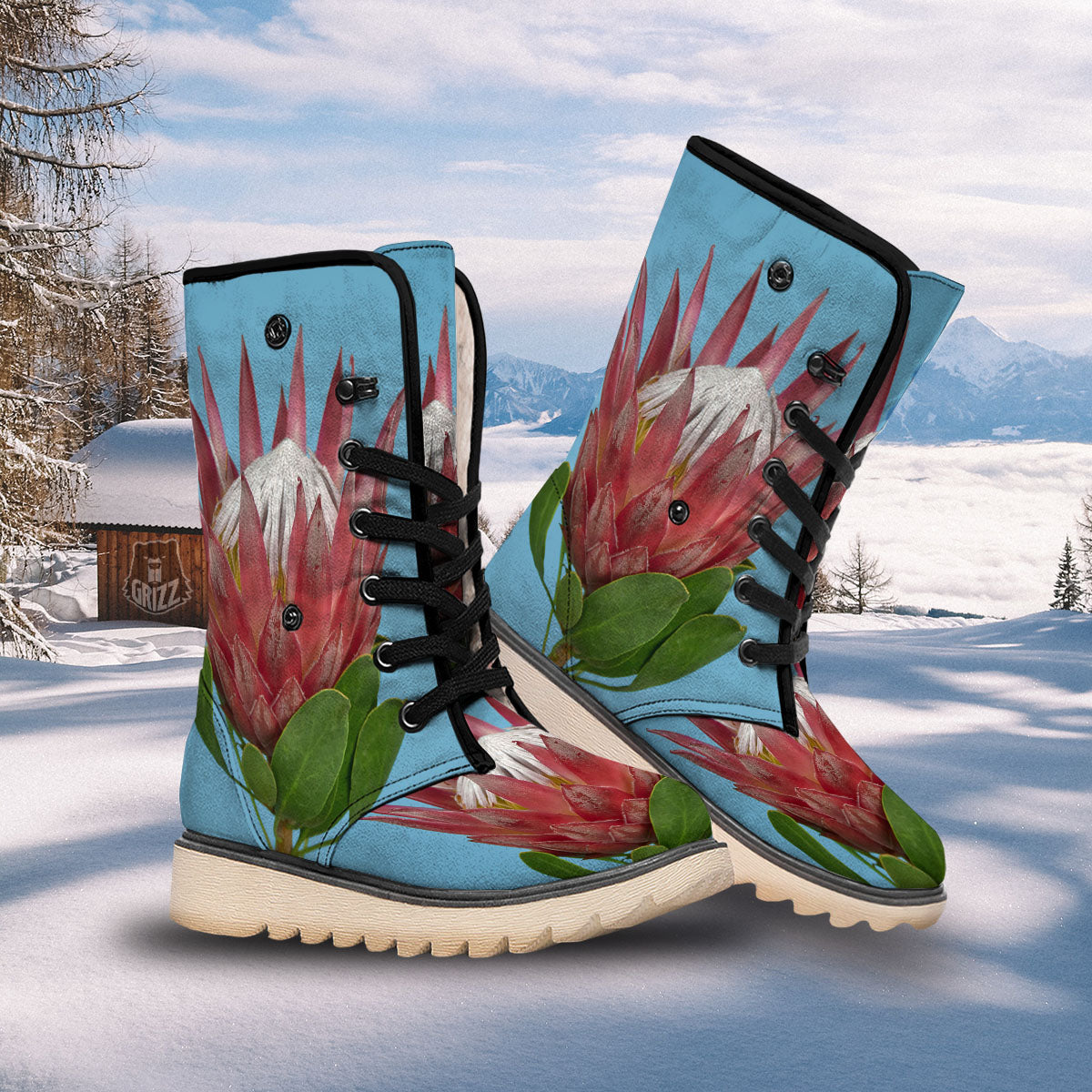 Flower Protea Print Snow Boots-grizzshop