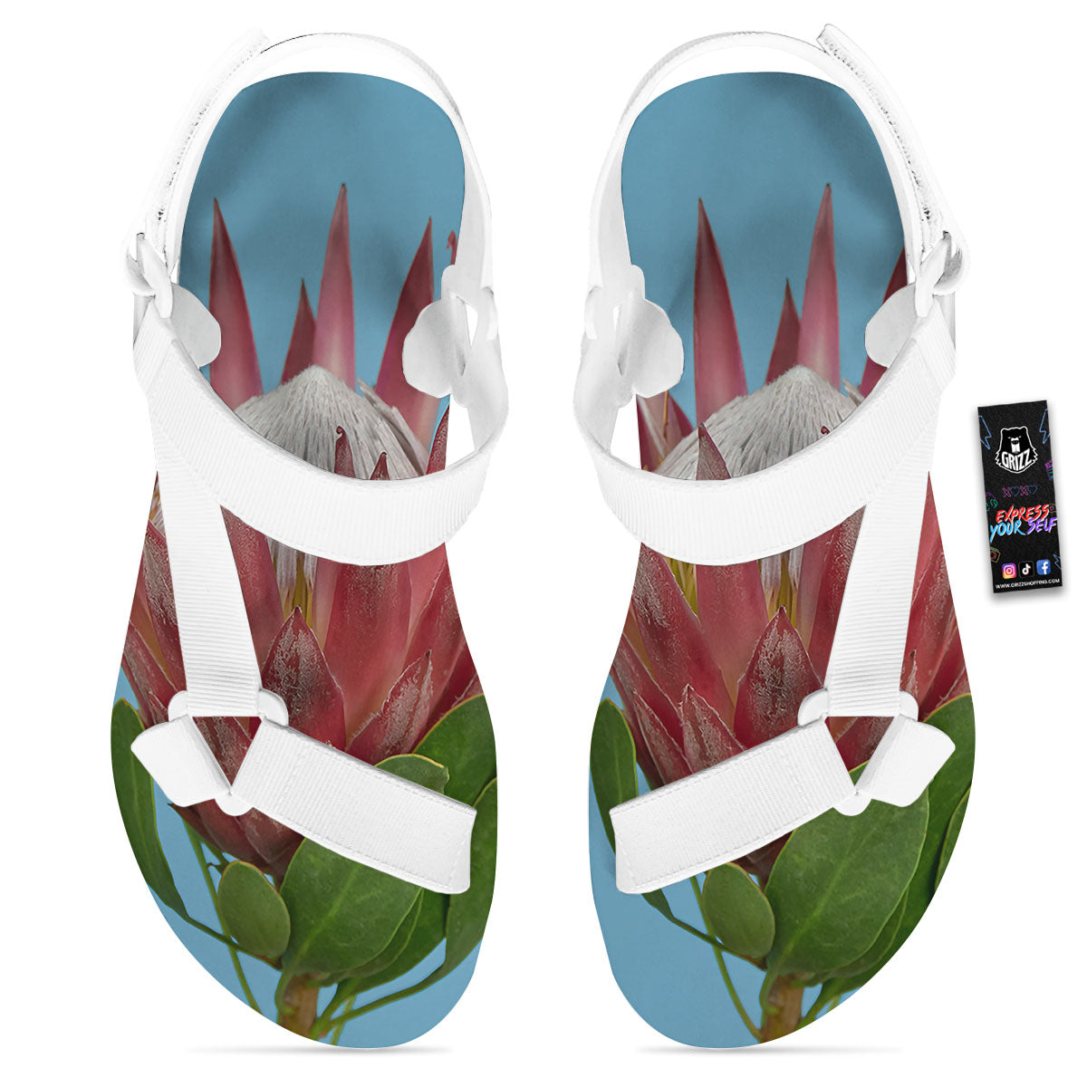 Flower Protea Print White Open Toe Sandals-grizzshop