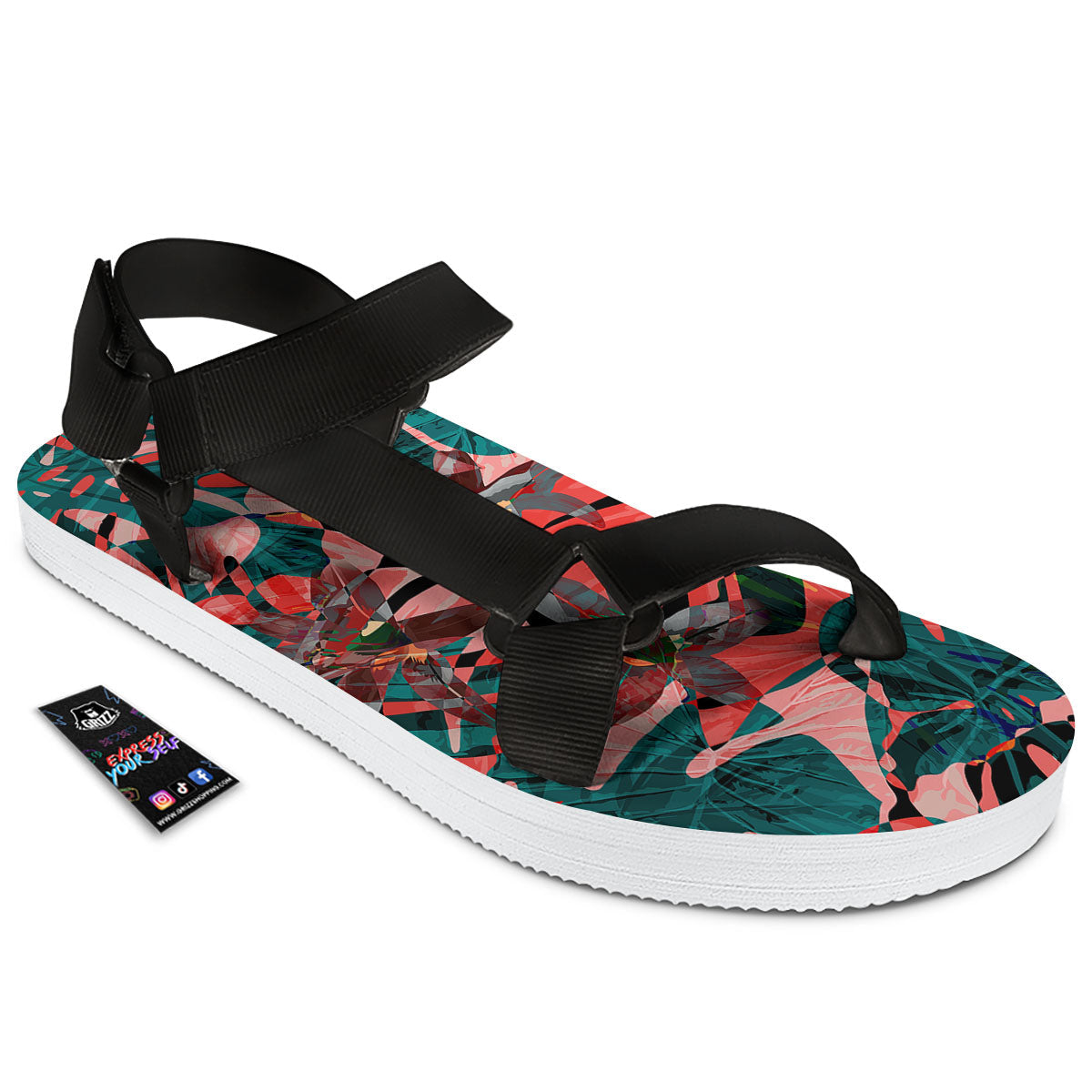 Flower Psychedelic Hawaiian Print Black Open Toe Sandals-grizzshop
